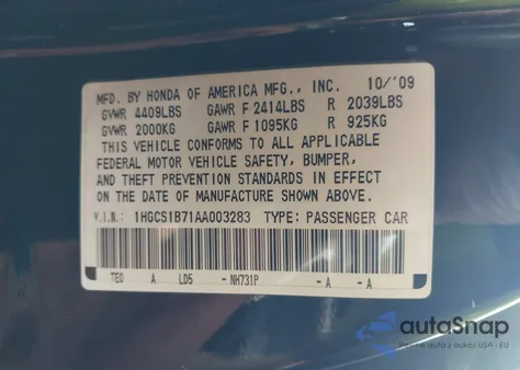 2010 Honda Accord 2.4 Ex from USA, damaged, VIN 1HGCS1B71AA003283